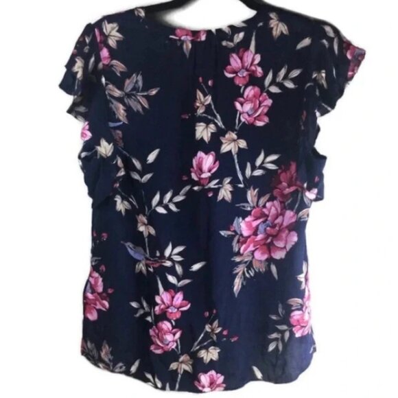 Joie Women's Navy Floral CRISBELL Silk Flutter Sleeve Blouse, Size Medium - Picture 7 of 9